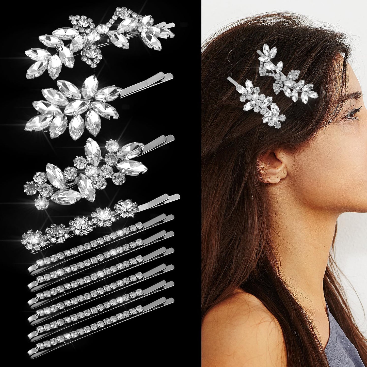 10Pcs Rhinestone Weeding Hair Clips Bridal Hairpin Silver Elegant Hair Barrettes Crystal Bobby Pins Leaf Flower Rhinestone Formal Hair Accessories for Women Girls