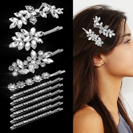 10Pcs Rhinestone Weeding Hair Clips Bridal Hairpin Silver Elegant Hair Barrettes Crystal Bobby Pins Leaf Flower Rhinestone Formal Hair Accessories for Women Girls