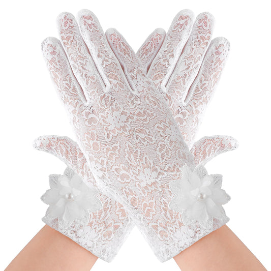 Lusofie Lace Gloves for Women Short Floral Gloves Fingerless Ladies Gloves Elegant Womens Gloves Sheer for Wedding Party(White)
