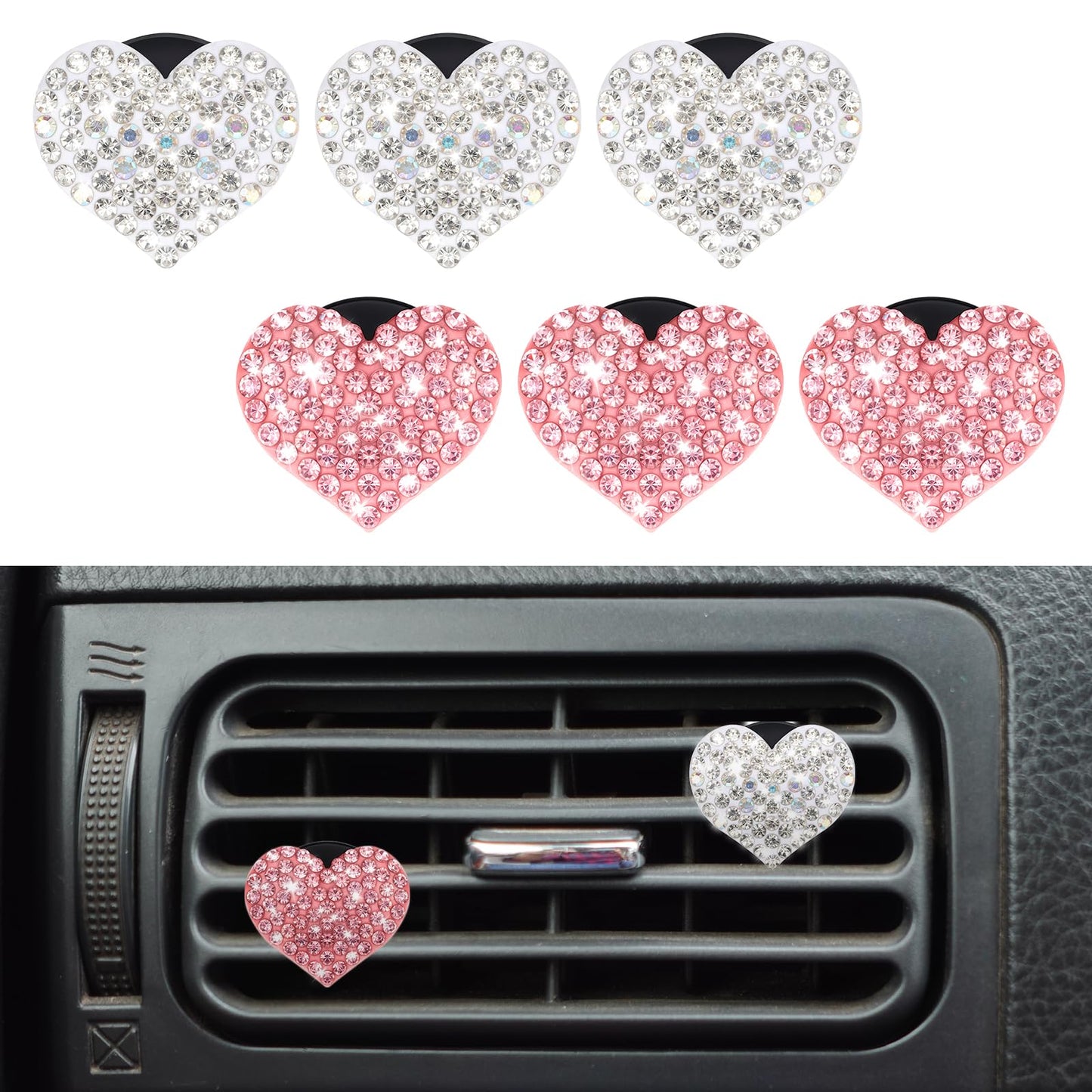 6 Pcs Bling Heart Car Vent Clips Pink Cute Car Accessories For Women White Rhinestone Cars Interior Accessories For Girls Vent Accessories(3 Pink+3 White）
