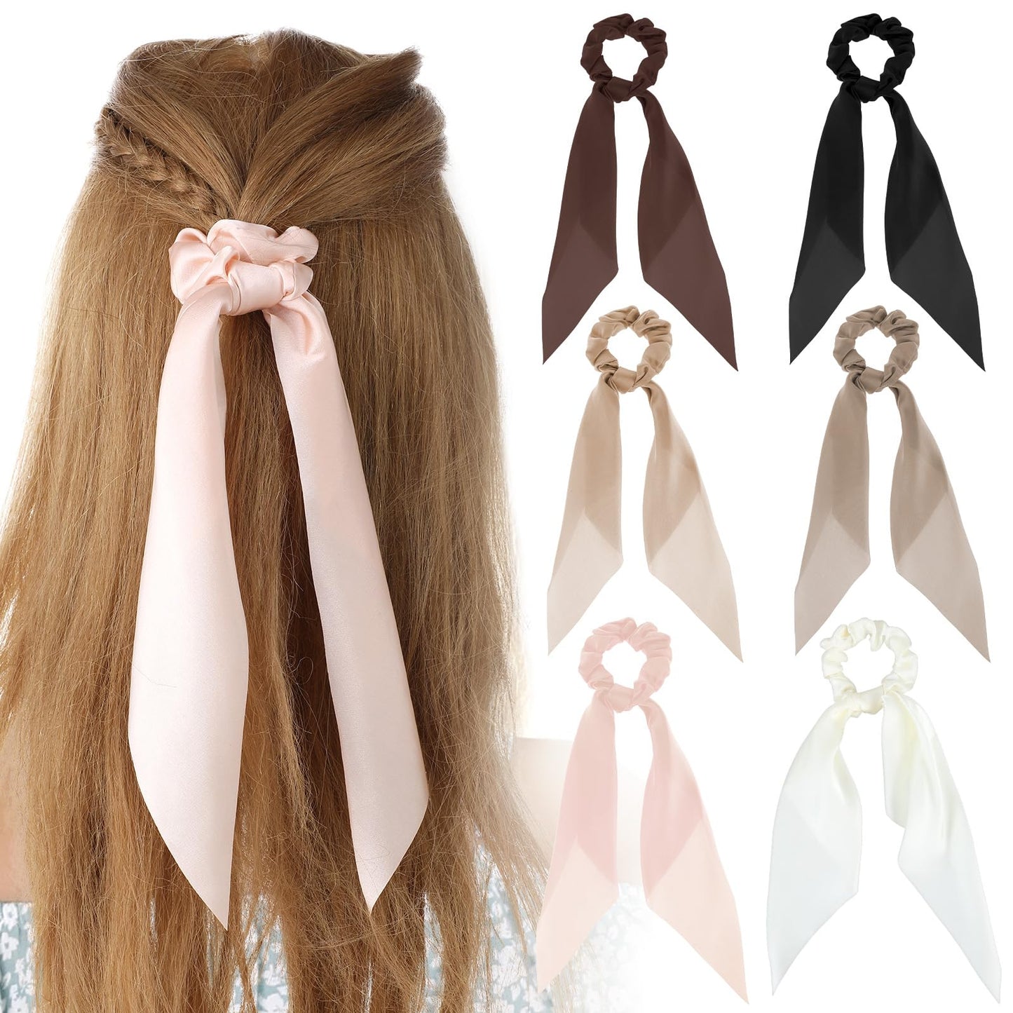 6Pcs Bow Silk Hair Scrunchies Satin Bow Scrunchies Elastic Knotted Bow Hair Ribbons Scrunchy Silk Ponytail Holders Hair Ties for Women Girls with Long Tail