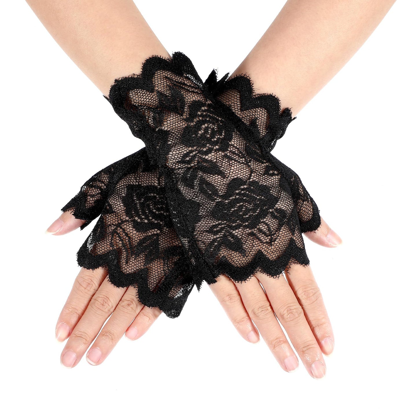 Short Fingerless Lace Gloves for Women Beige Sunblock Lace Floral Gloves for Women Wedding Bridal Opera Evening Tea Party Prom Cosplay(Black)