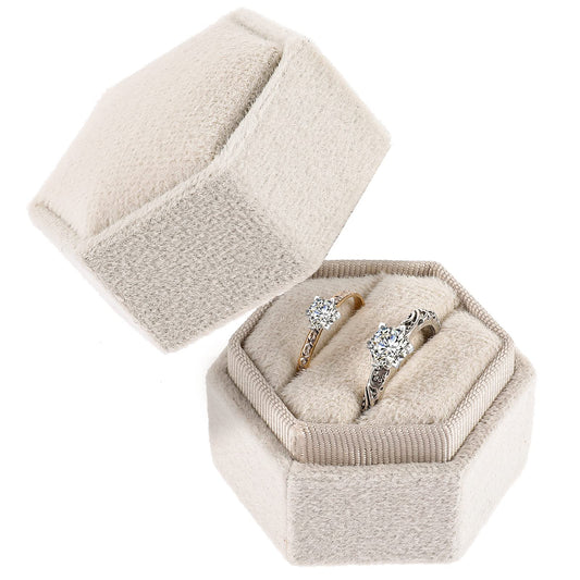 Lusofie Wedding Ring Box Velvet Ring Box with Detachable Lid 2 Slots Hexagon Premium Gorgeous Jewelry Engagement Ring Box for Ceremony(Beige)