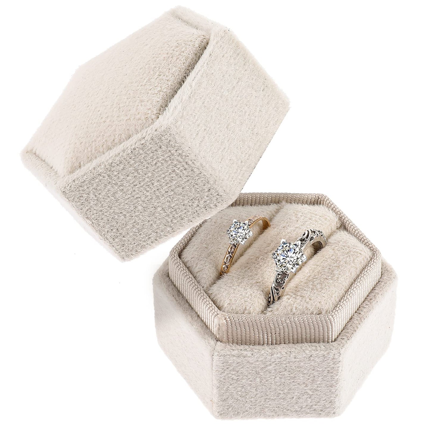 Lusofie Wedding Ring Box Velvet Ring Box with Detachable Lid 2 Slots Hexagon Premium Gorgeous Jewelry Engagement Ring Box for Ceremony(Beige)