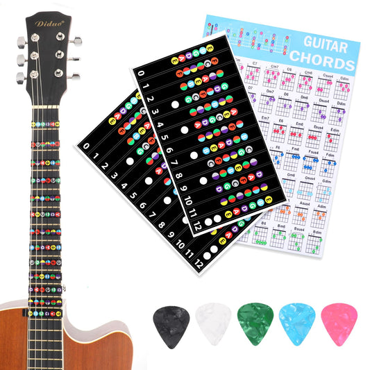11pcs Guitar Fretboard Stickers Guitar Stickers Guitars Decals 1 Chords Chart 4 Scale Sticker 6 Picks for Beginners Adults