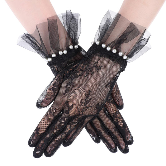 Women's Black Lace Gloves Tulle Floral Pearl Gloves Breathable Embroidered Mesh Gloves Vintage Elegant Opera Gloves Dinner Wedding Halloween Party