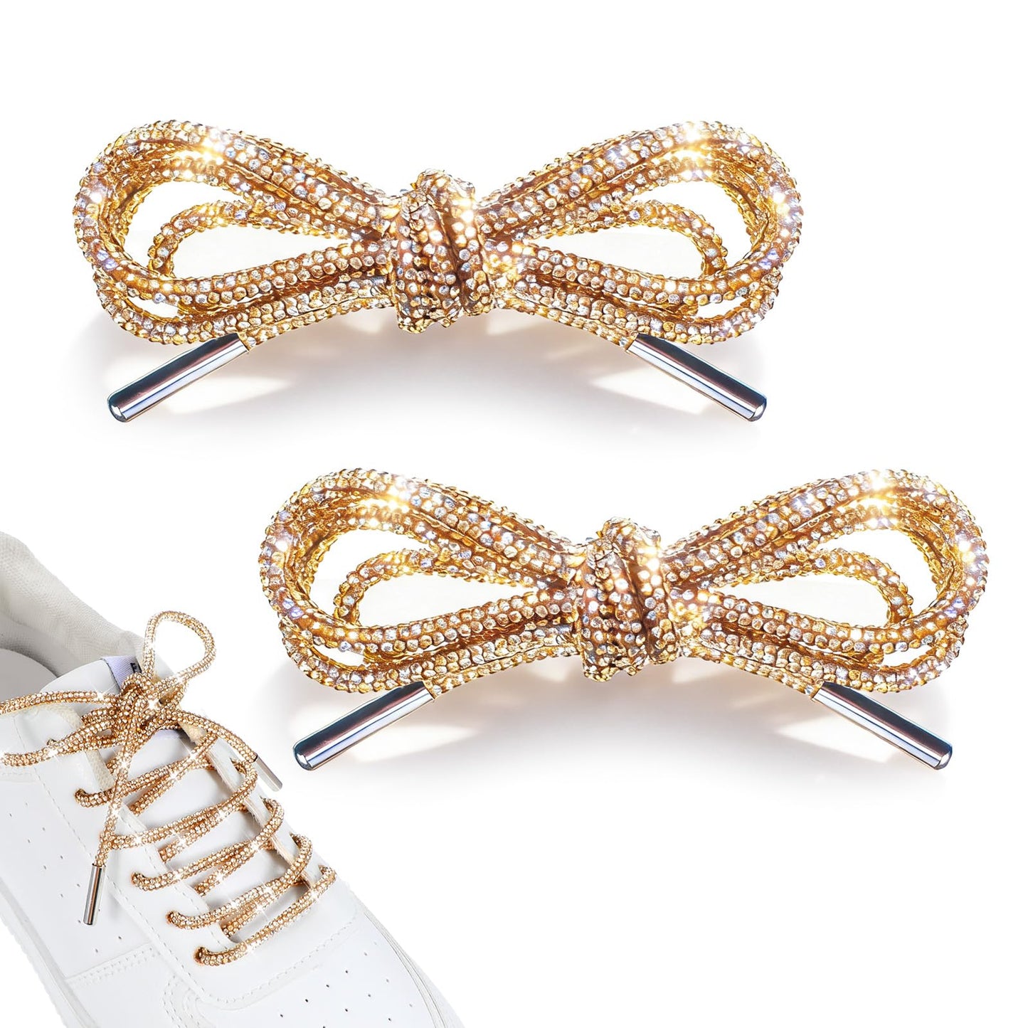 HaiFafafaing 2pcs Rhinestone Shoe Laces Bling Glitter Shoe Lace Diamond Rope Shoes Strings For Sneakers Shoelaces For Hoodies(Gold)