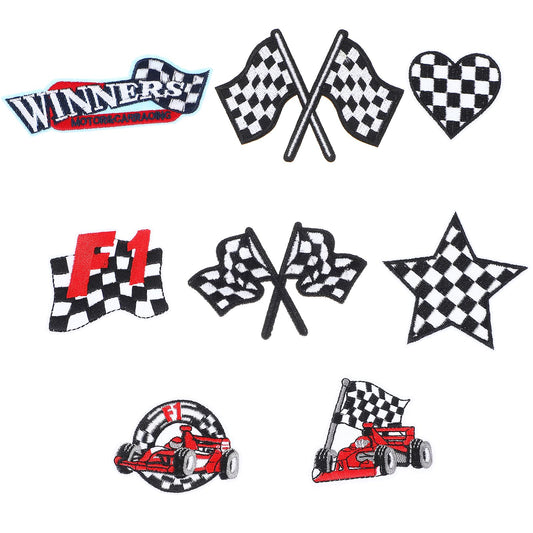 8Pcs Racing Patches Checkered Racing Flag Patches Trucker F1 Appliques Car Racing Motorcycle Embroidery Sewing Iron on Patches for Bags Hat Jacket