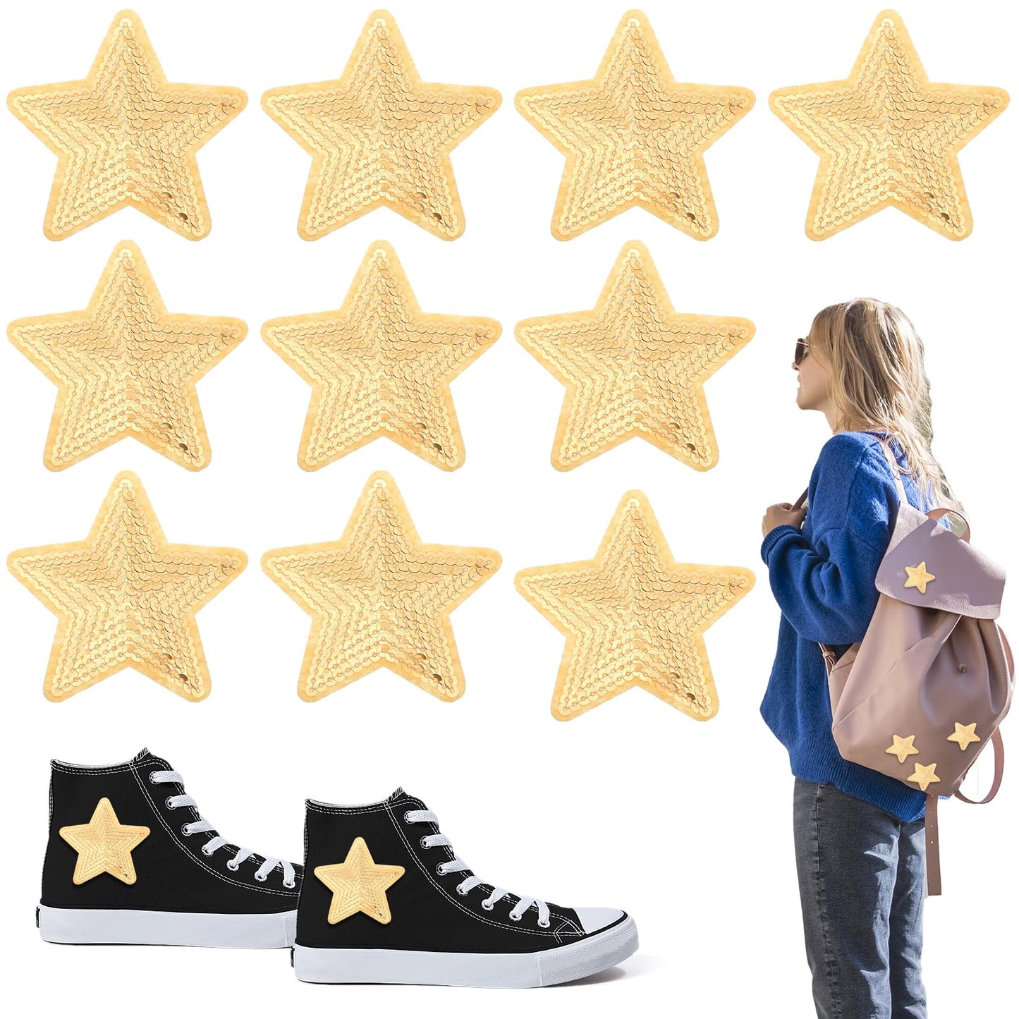 10 Pcs Star Iron On Patches 3 Inch Shiny Applique Embroidered Patches Sequin Star Sew on Patches for Clothing Hats Backpacks Costume Shoes(Gold)