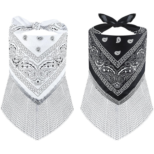 Telooco 2 Pcs Disco Fringed Rhinestone Bandana Bachelorette Sparkly Bandanas Disco Party Favor Cowgirl Outfit Accessories for Women (Black and White)