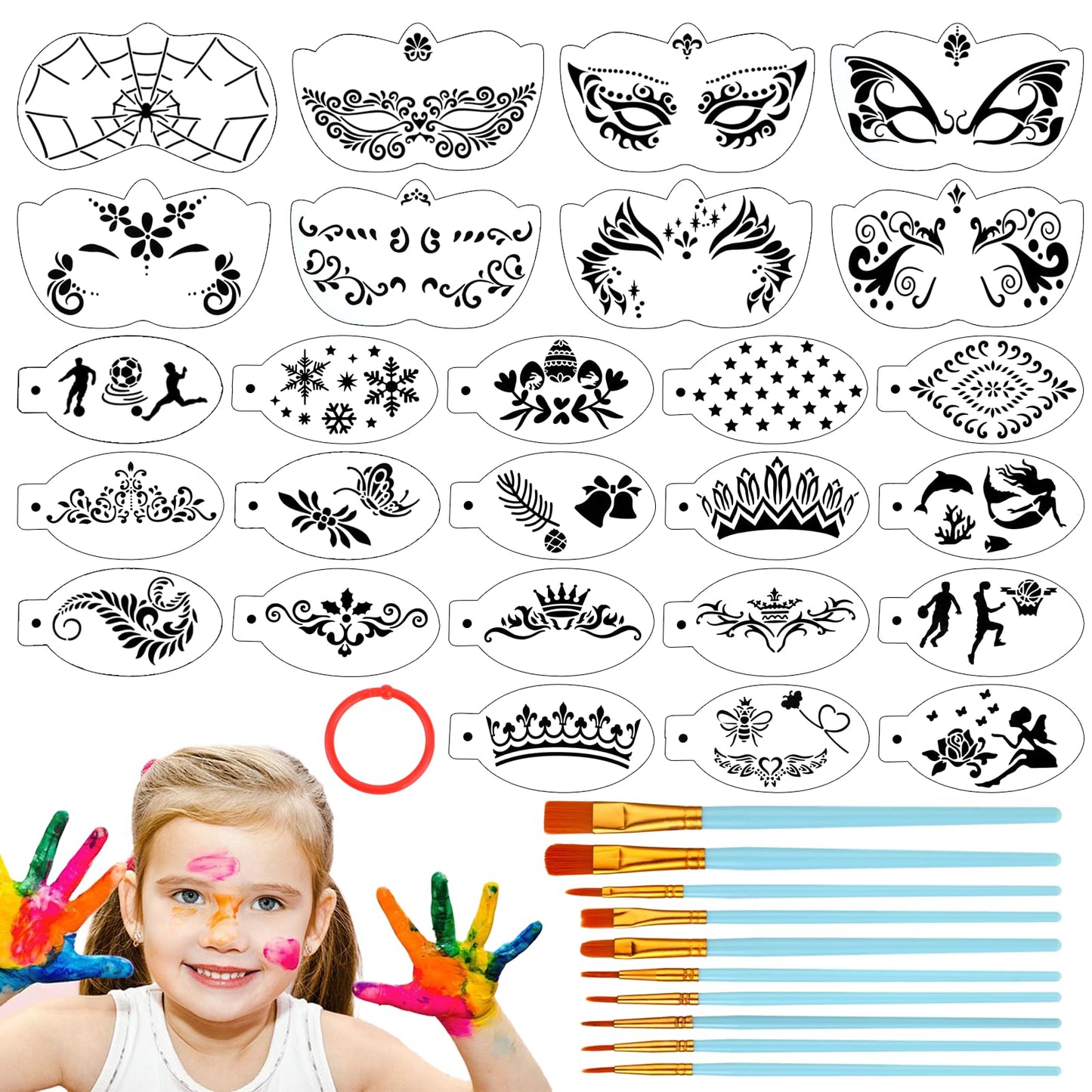 Professional Face Painting Kit, 28Pcs Face Painting Stencils 10pcs Face Painting Brushes, Reusable Facepaint Makeup Kit for Kids, Plastic Tattoo Painting Templates for Holiday Halloween Party Makeup