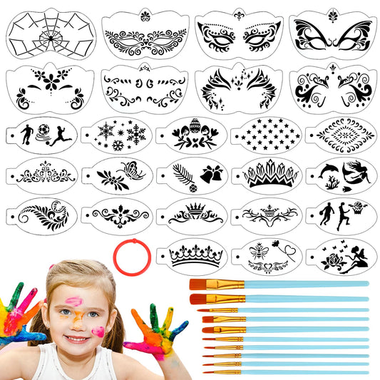 Professional Face Painting Kit, 28Pcs Face Painting Stencils 10pcs Face Painting Brushes, Reusable Facepaint Makeup Kit for Kids, Plastic Tattoo Painting Templates for Holiday Halloween Party Makeup