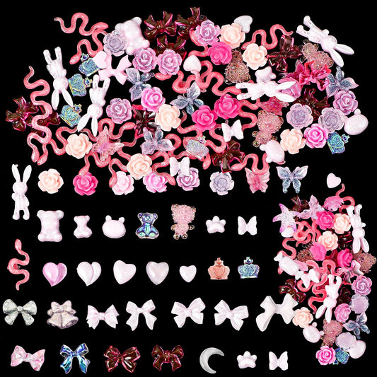100pcs 3D Nail Charms,Mixed Rabbit Butterfly Flower Bow Nail Art Charms,White Pink Heart Bow Nail Decorations for Women Girls Manicure Design DIY Craft