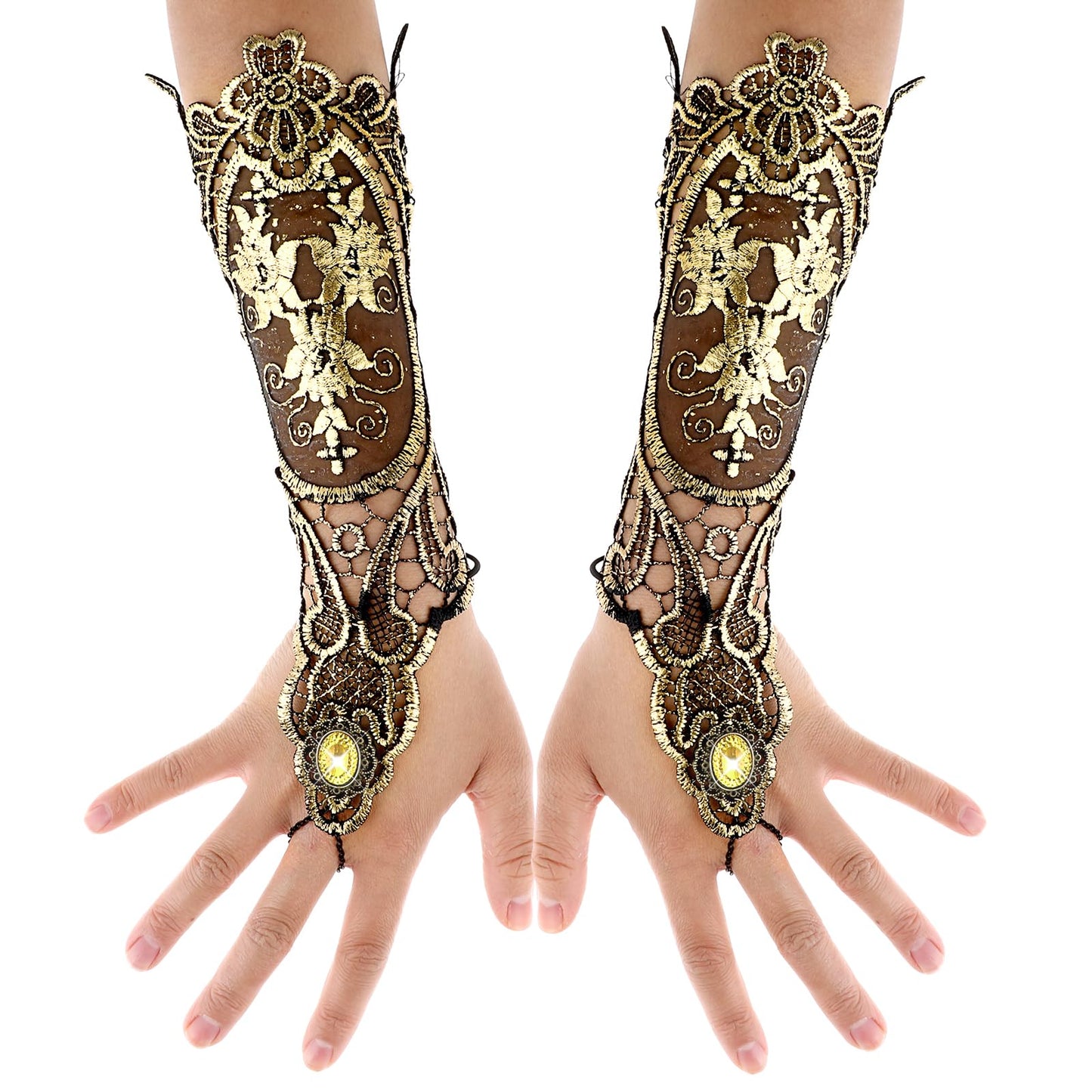 DIVINA VITAE Women Retro Bronzing Lace Fingerless Gloves Gold Lace Long Gloves Gothic Floral Lace Gloves Vintage Steampunk Wristband Ring Handmade Lace Up Gloves Bridal with Ring Bronzing