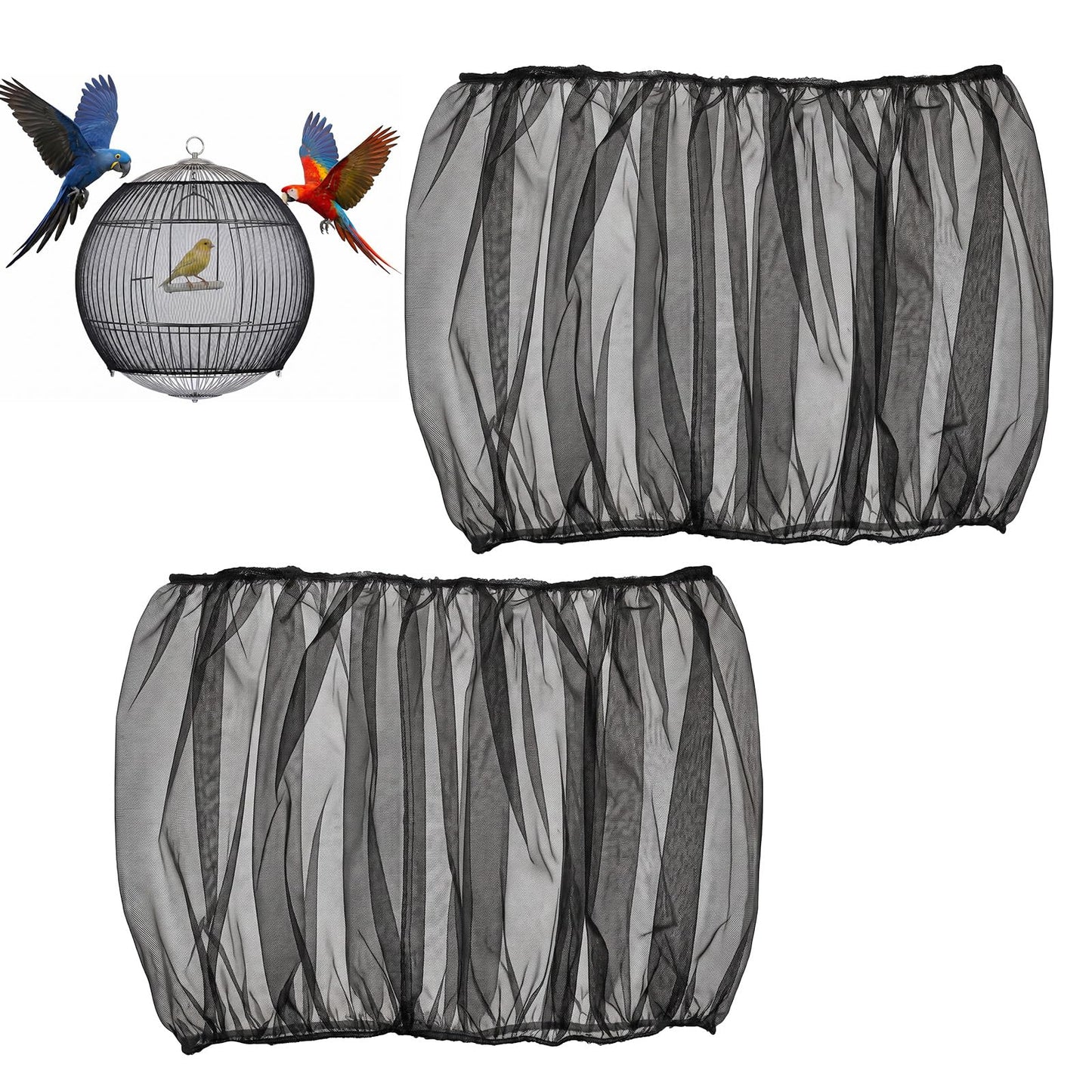 Fiyooau 2Pcs Bird Cage Seed Catcher, Adjustable Bird Cage Skirt Cover, Black Stretchy Birds Cages Netting for Round Square Parrot Parakeet Macaw African Cages