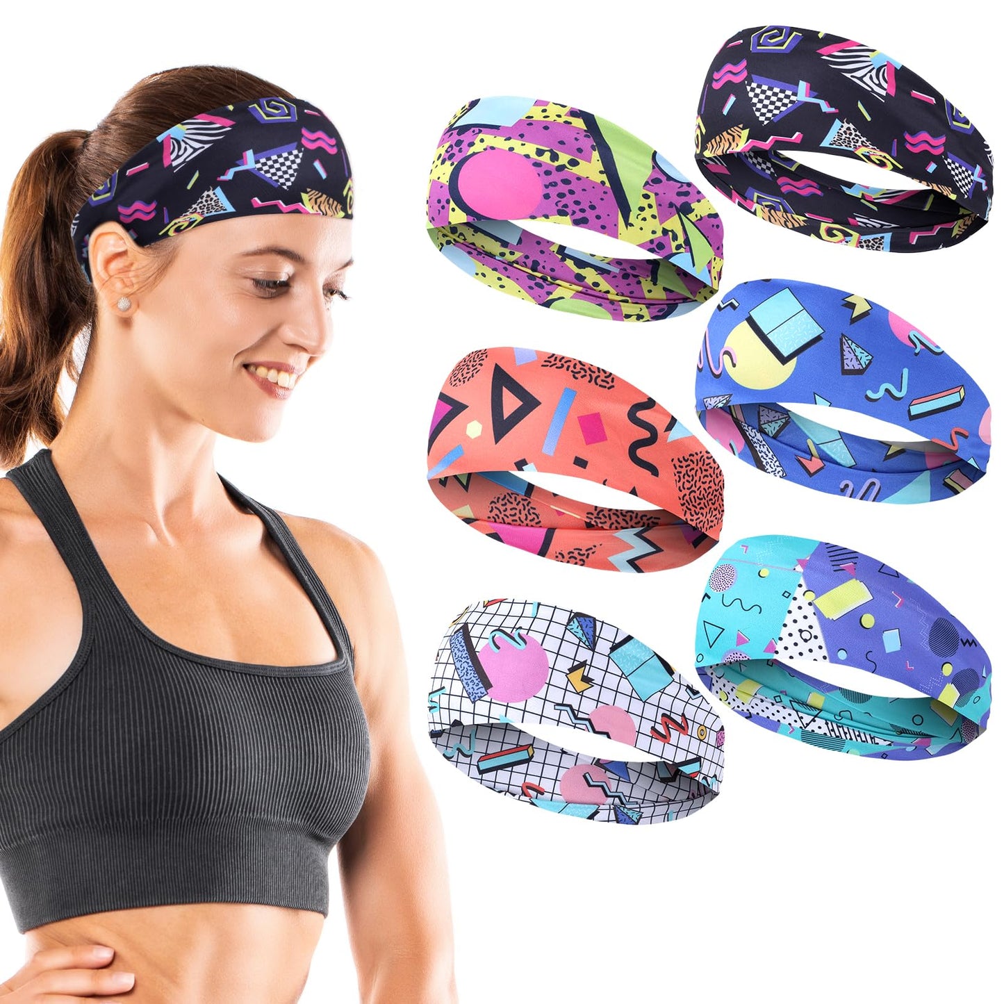 6PCS Retro Printed Headbands, 80s 90s Women's Neon Headbands, Fashion Sweat-Absorbing Sports Stretch Headbands, Yoga Sports Headbands For Men and Women