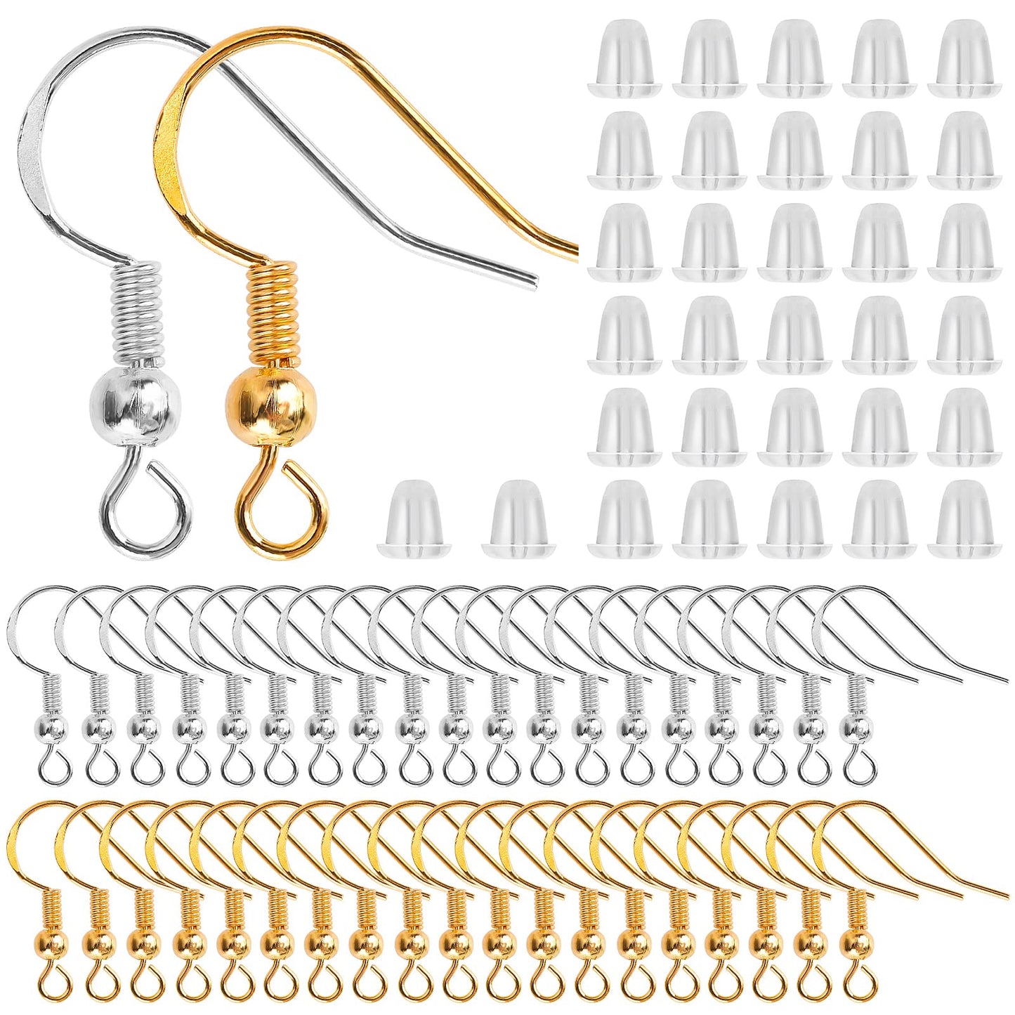 Yolev 200PCS Gold Silver Earring Hooks Set, Hypo-allergenic Earring Hook DIY Jewelry Making Earring Making Supplies with Clear Silicone Earring Backs Stoppers
