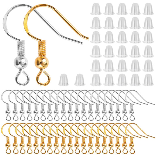 Yolev 200PCS Gold Silver Earring Hooks Set, Hypo-allergenic Earring Hook DIY Jewelry Making Earring Making Supplies with Clear Silicone Earring Backs Stoppers