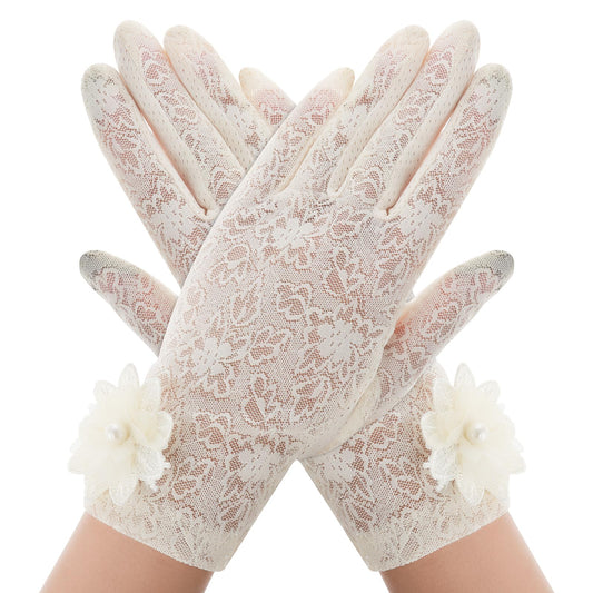 Lusofie Lace Gloves for Women Short Floral Gloves Fingerless Ladies Gloves Elegant Womens Gloves Sheer for Wedding Party(Beige)