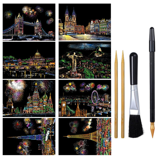 8 Sheets Scratch Art Adult Rainbow Paper Scratch Painting for Adults Sketch Pads Card Landscape Scratchboard (A4) Paint by Scratch Adult with 4 Scratch Art Tools Creative DIY Art Craft Moscow