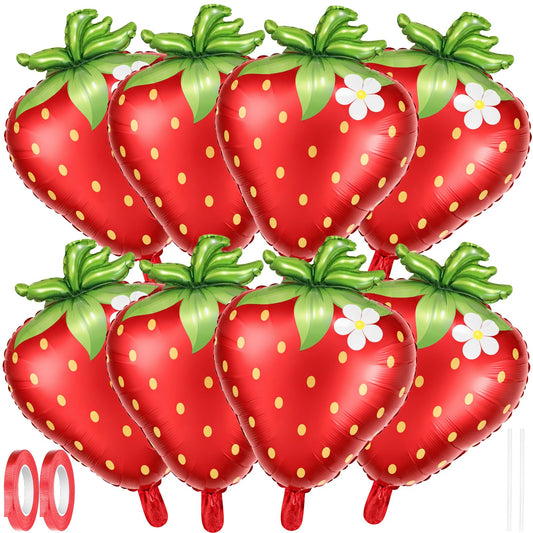 8 Pcs Strawberry Balloons 25.6" X 17.7" Strawberry Shortcake Balloons Red Strawberries Balloon Decorations for Birthday Parties, Baby Showers and Strawberry-Themed Party Decorations