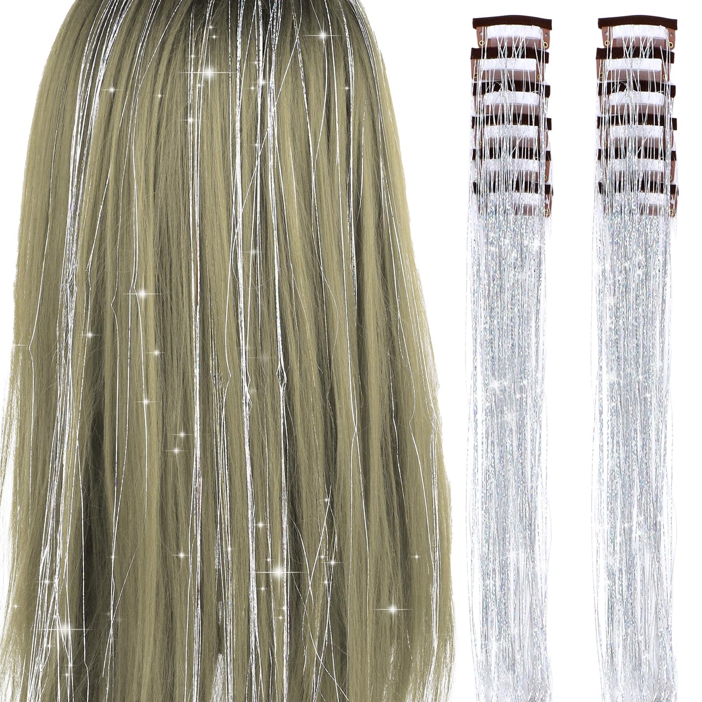 Lusofie 12pcs Clip In Hair Tinsel Kit, Silver Hair Tinsel 20 Inch Glitter Fairy Hair Tinsel Clip In Hair Extensions Festival Gift Tinsel Hair Extension Party Dazzle Hair Accessories For Women Girls