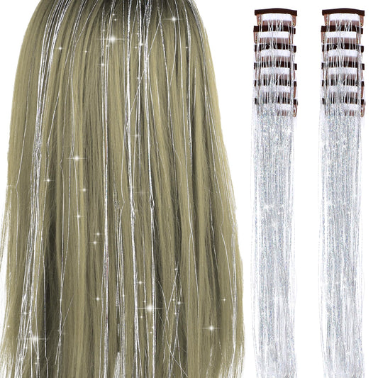 Lusofie 12pcs Clip In Hair Tinsel Kit, Silver Hair Tinsel 20 Inch Glitter Fairy Hair Tinsel Clip In Hair Extensions Festival Gift Tinsel Hair Extension Party Dazzle Hair Accessories For Women Girls