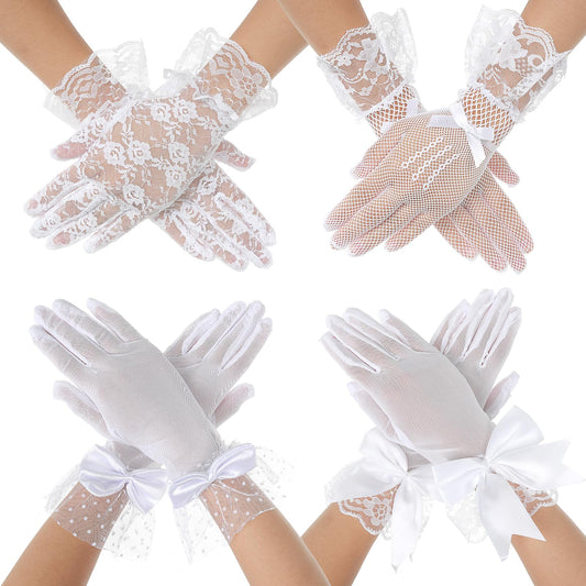 Yolev 4 Pairs Short Lace Gloves Tea Party Glove Lace Floral Bow Gloves Bridal Wedding Gloves for Dinner Prom Evening Banquet Halloween Party for Women (White)
