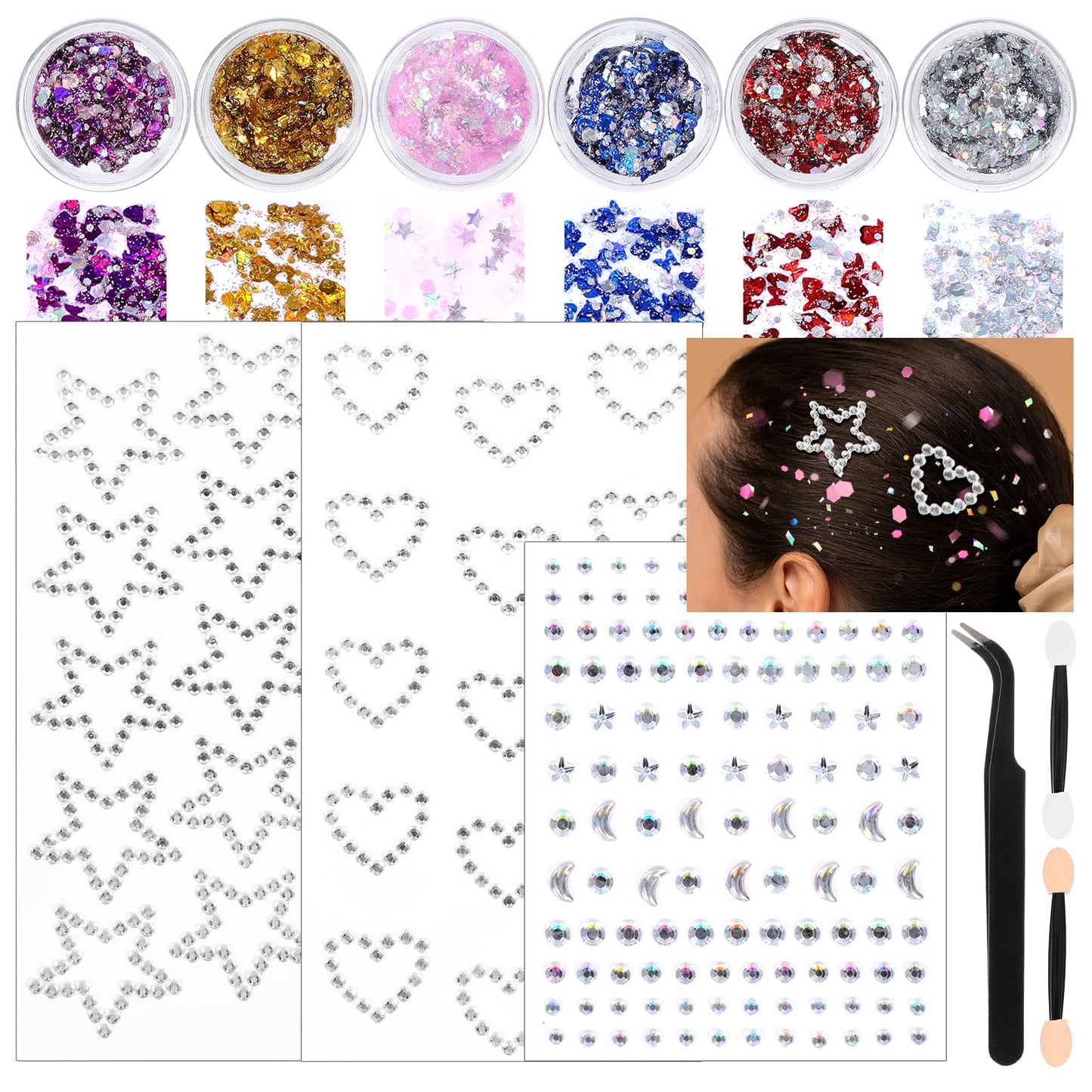 Face Glitter Gems Hair Glitter with Heart Star Face Gems Stick On Body Makeup Glitters Makeup for Eyes Faces Hair Body Nails Rave Party Concert Makeup