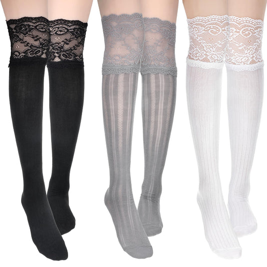 Josojoou 3 Pairs Women's Lace Socks, Lace Knee High Socks with Trim, Kawaii Laces Lolita Stocking Long over Knee Stocking for Women, Black White, Gray