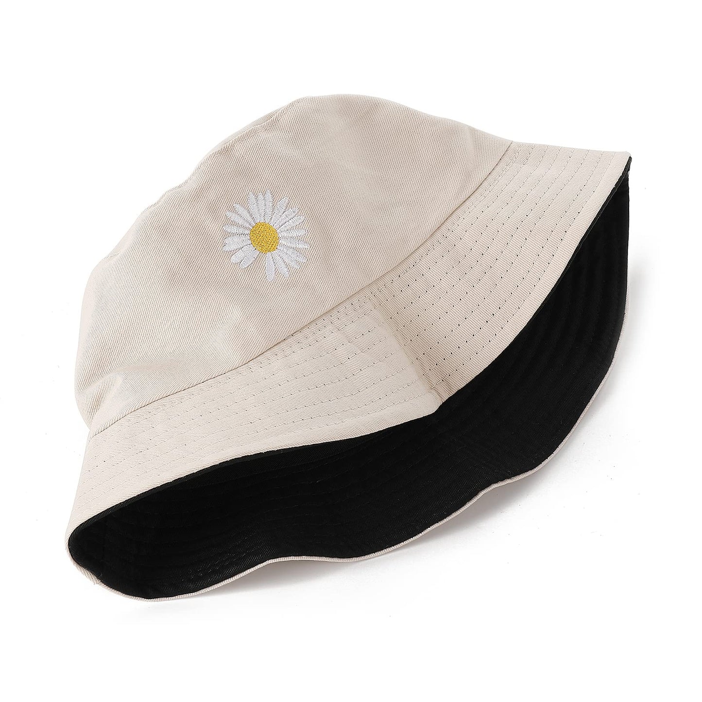 Yolev Bucket Hat Foldable Cotton Summer Travel Beach Sun Hat Daisy Outdoor Cap Unisex for Hiking Camping Traveling Fishing Holidays School Shopping Hiking (Double-Sided) White and Black