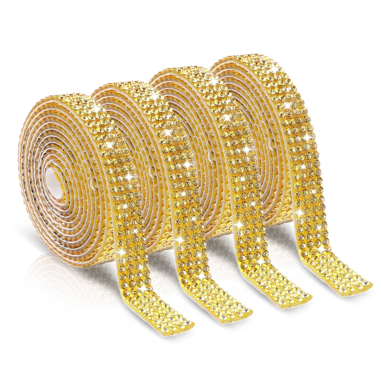 Self Adhesive Rhinestone Ribbons 4 Rolls Bling Crystal Rhinestone Strips Stickers Glitter Wrap Roll for DIY Crafts Clothes Car Shoes (4 Rows of 1 Yard, Gold)