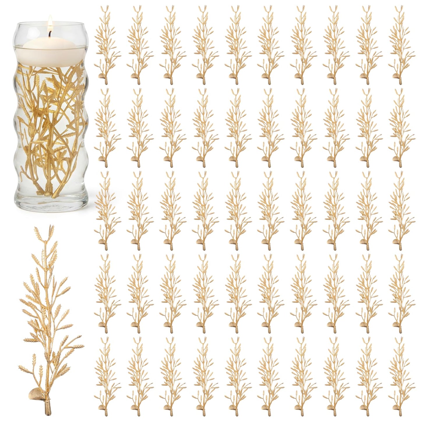 50Pcs Faux Flowers for Floating Candles Centerpiece- Gold Aquatic Plants Vase Fillers for Centerpieces- 6“ Mini Floating Flowers for Wedding Dinning Table Party Home Bar Restaurant Festival Decoration