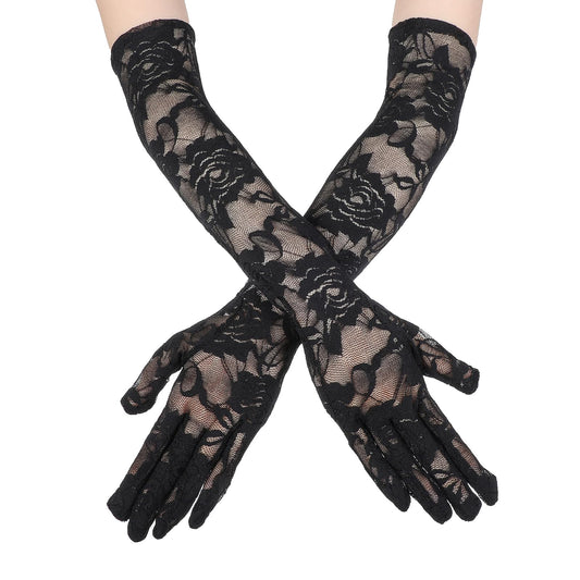 Black Lace Gloves Long Lace Floral Gloves Sheer Mesh Tulle Gloves Stretchy Elbow Length Gloves Opera Gloves Wedding Bridal Gloves Floral Lace Gloves for Wedding Evening Dance Tea Party Costume Gloves