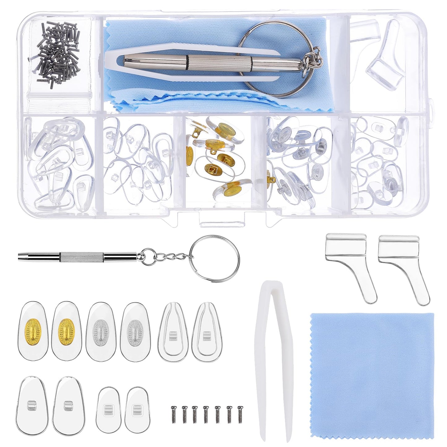 Telooco 50Pcs Eyeglasses Nose Pads Repair Kit Air Silicone Screw-in Nose Pads Replacement Tools with Screws Tweezer Ear Hooks Cleaning Cloth for Glasses Eyeglass