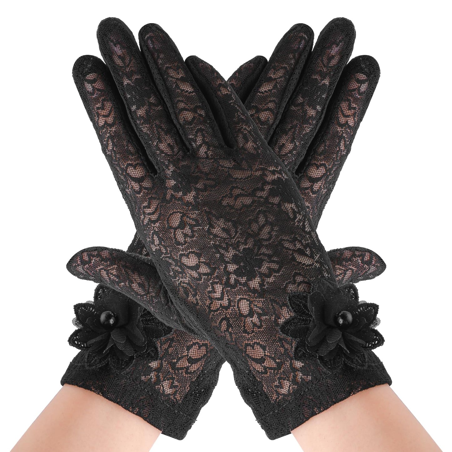 Lusofie Lace Gloves for Women Short Floral Gloves Fingerless Ladies Gloves Elegant Womens Gloves Sheer for Wedding Party(Black)