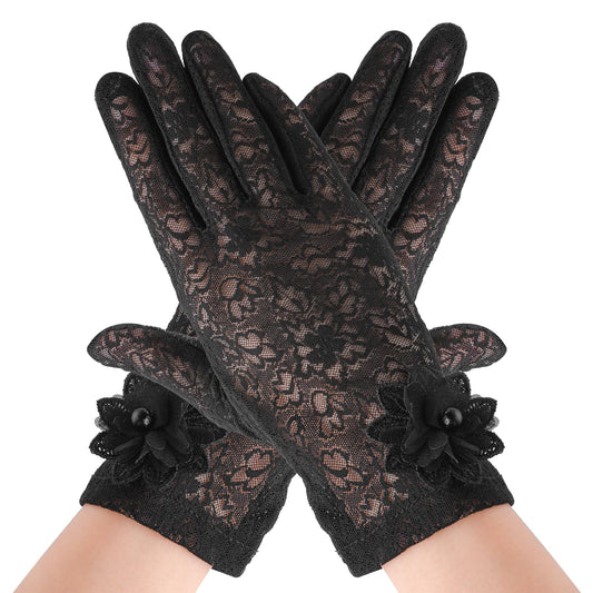 Lusofie Lace Gloves for Women Short Floral Gloves Fingerless Ladies Gloves Elegant Womens Gloves Sheer for Wedding Party(Black)