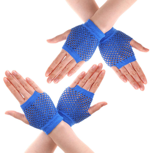 DIVINA VITAE 2 Pairs Royal Blue Fingerless Fishnet Gloves Women 80s Short Stretch Mesh Gloves Retro Nylon Fish Net Fingerless Gloves for 80's Theme Party Halloween Cosplay Women Costume Accessories