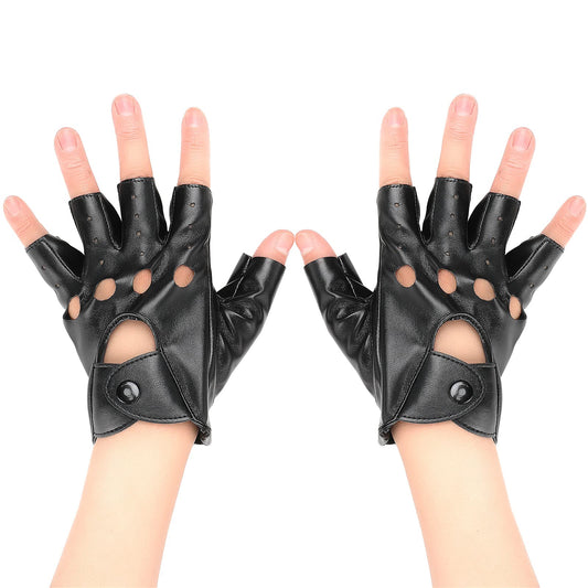 Yolev Black Leather Punk Gloves Half Finger PU Gloves Biker Punk Gloves Performance Gloves Dance Gloves for Women Girls for Driving Cycling Halloween Costume Accessories