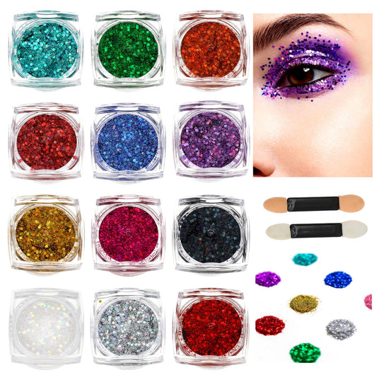 12 Colors Face Glitter Hair Glitter Glitter Eyeshadow Glitter Makeup for Body Glitter Gel Musical Festival Halloween Glitter Party Mermaid Sequins Makeup Glitter with Two Brushes