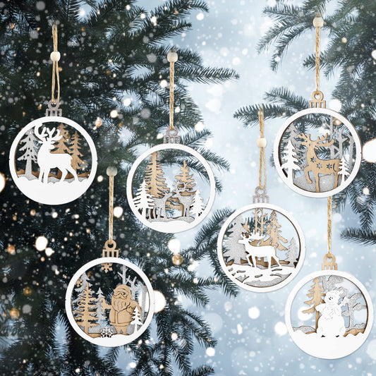 Lusofie 6Pcs Wooden Christmas Decorations Hanging Fretwork Wooden Christmas Ornaments Sliver White Reindeer Pendants for Christmas Tree Decorations Party DIY Crafts