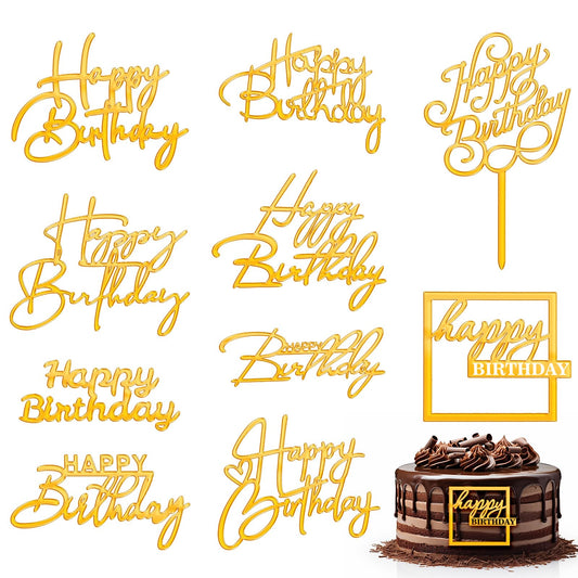 10 pcs Happy Birthday Cake Toppers Gold Cake Decorations Mirror Acrylic Cake Topper Side Cake Decorations Gold Cake Inserts for Birthday Party Cake Desserts Pastries