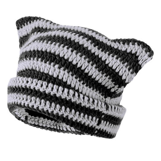 Cute Cat Ear Beanie Lazy Style Y2k Beanies, Winter Warm Crochet Hats for Women Girls Boys (Black Gray)