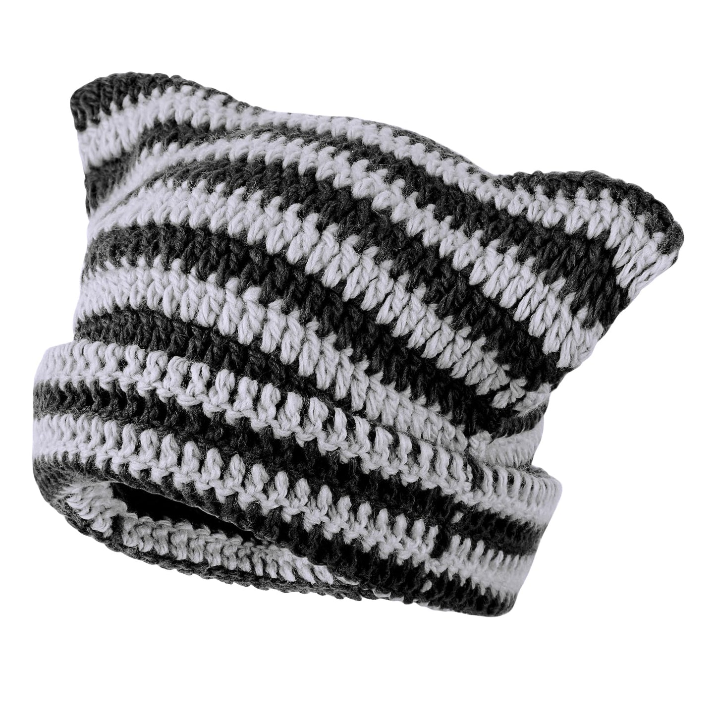 Cute Cat Ear Beanie Lazy Style Y2k Beanies, Winter Warm Crochet Hats for Women Girls Boys (Black Gray)