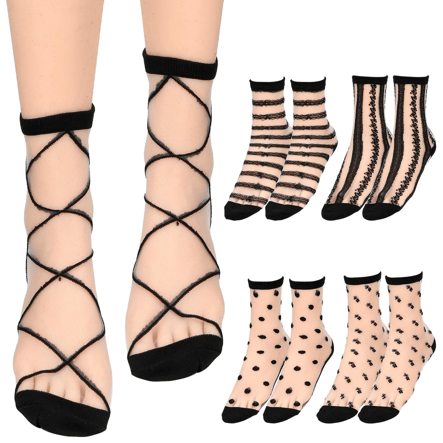 Lusofie 5 Pairs See Through Socks Checkered Dot Striped Plaid Sheer Black Socks Ankle Transparent Mesh Summer Socks for Women Thin Fashion (Style B)