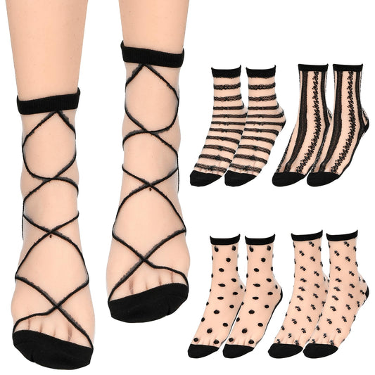 Lusofie 5 Pairs See Through Socks Checkered Dot Striped Plaid Sheer Black Socks Ankle Transparent Mesh Summer Socks for Women Thin Fashion (Style B)