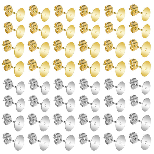Yolev 400Pcs Earring Posts Stainless Steel Hypoallergenic, 6mm/8mm Steel Flat Pad Earring Studs, Butterfly and Clear Rubber Earring Backs for Jewelry Making DIY (Steel Color and Gold)