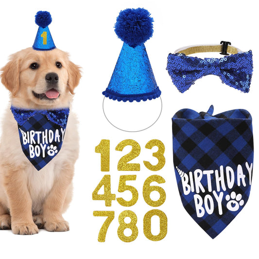 Dog Birthday Party Supplies, Dog Cat Birthday Decorations - Bandana Hat and Bow Tie With Numbers for Small, Medium, Large Pets(X-Large, Blue)