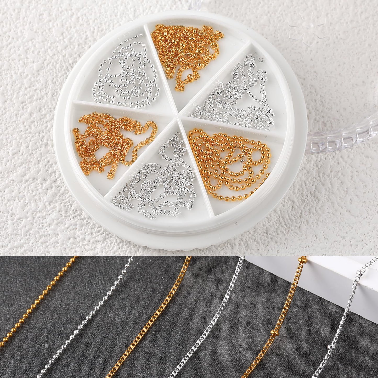 6 Strips Chain Nail Charms,Gold Nail Chains 3D Nail Art Charms Silver Chain Accessories Supplies,Metal Punk Nail Caviar Beads for Nails,DIY Women Nail Art Decoration