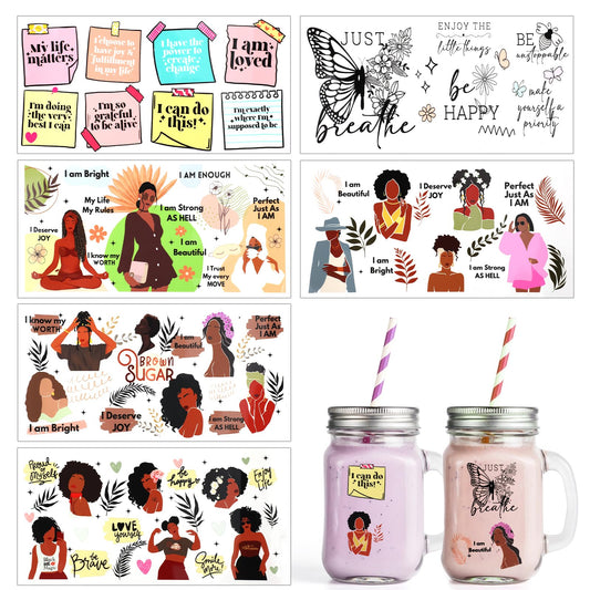 6 Sheets DTF Cup Wrap Stickers Black Girl Stickers DTF Cup Wraps for Glass Cups Furniture Craft Wood DIY Crafts